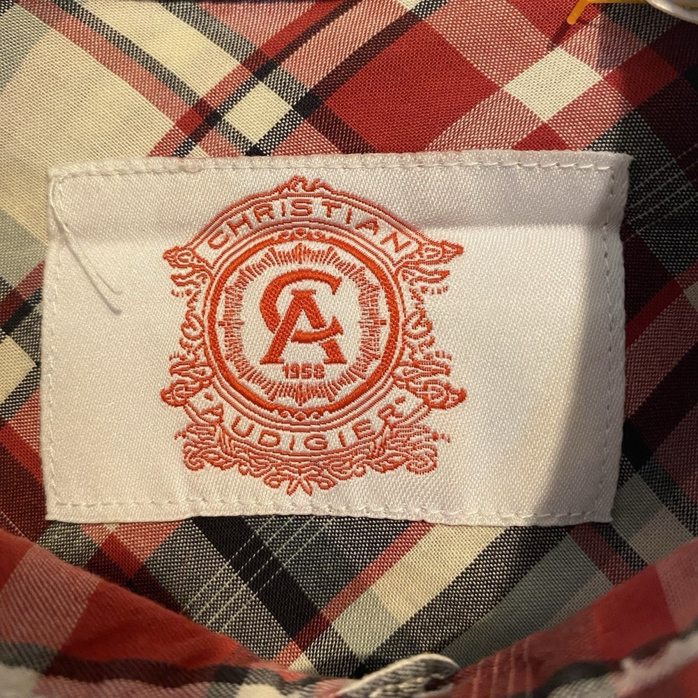 Christian Audigier Button up Mens Medium M Plaid Skull Patch Biker Red - Picture 5 of 6